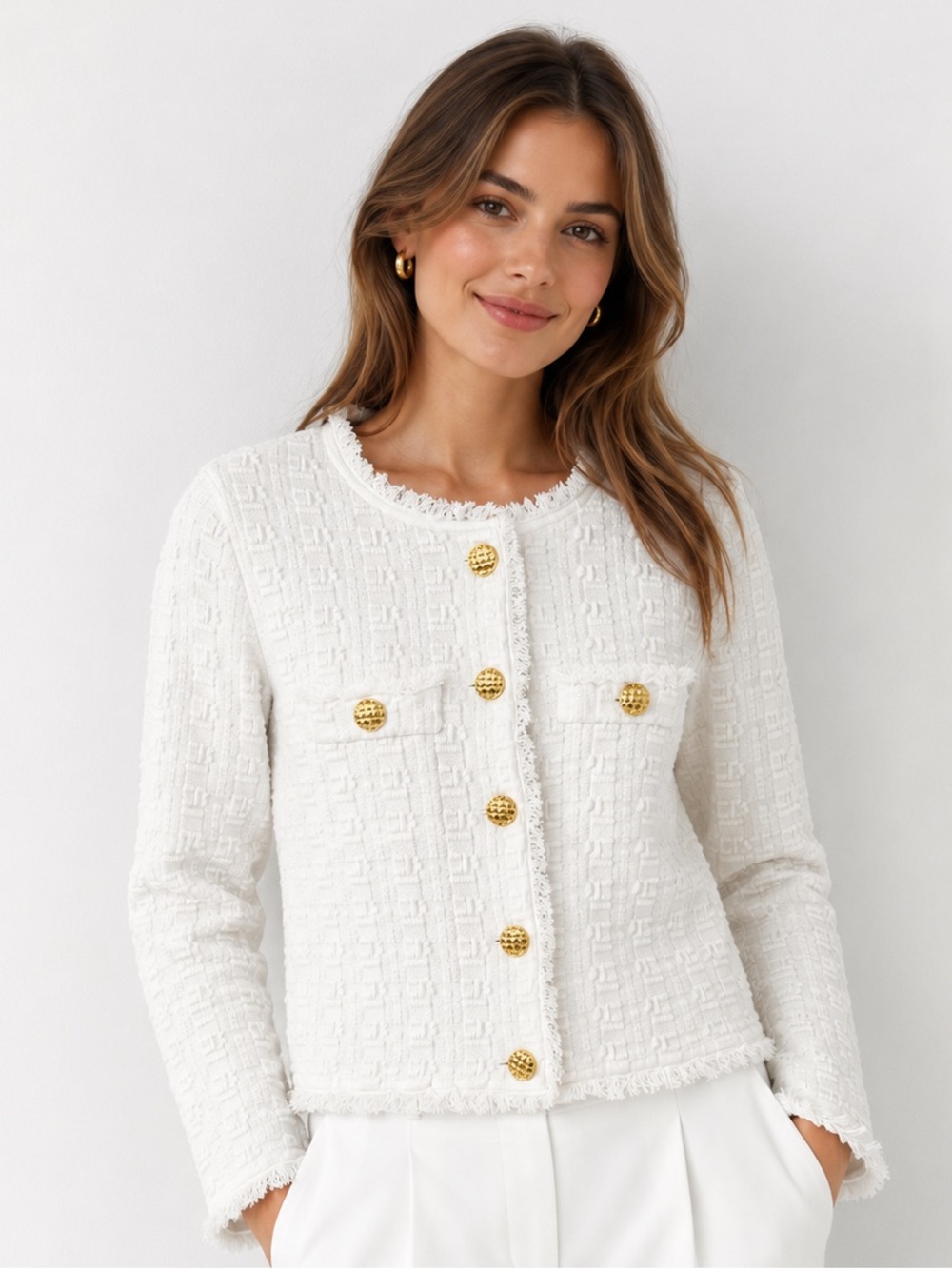 Ronny Kobo Collection Cream Tweed Jacket with Gold Buttons